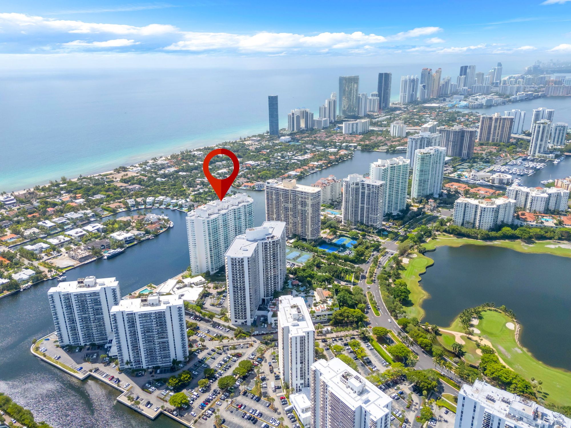 Aerial view marking The Hamptons South with Sunny Isles Beach beyond